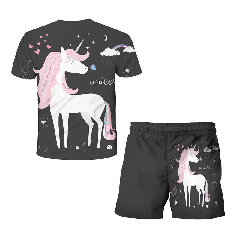 Unicorn Fashion Cute Girl Top T-shirt Short Sleeve+Shorts Two Piece Set Girls' and Children's Top Short Sleeve