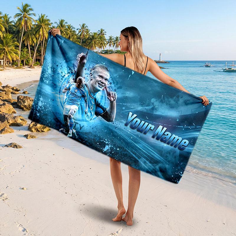 Erling Haaland Custom Beach Towel, Personalized Name Text Print, Football Logo Soft Quick‑Dry Towel Holiday Gift