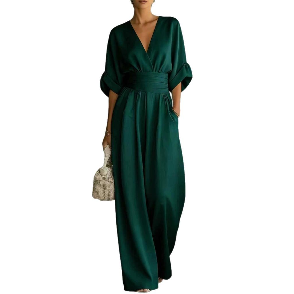 2026 Damen Deep V-Ausschnitt Taillengebunden Weiter Bein Jumpsuit Set