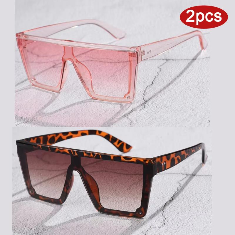 2pcs New Oversized Square Sunglasses Women Vintage Flattop One Piece Sun Glasses Fashion Gradient Shades For Female