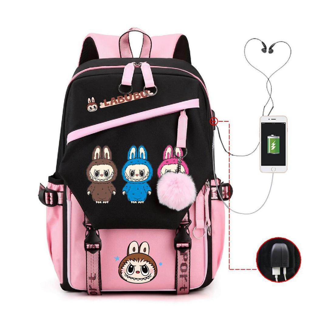 Labubu printed student schoolbag multi-function large capacity backpack with USB port