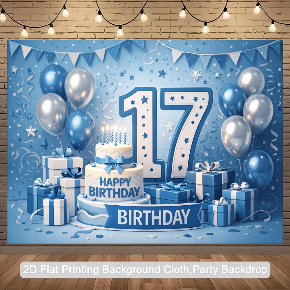 2D plane 17th birthday party banner background - Blue and white birthday theme yzb