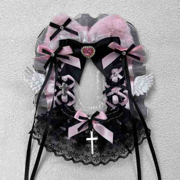 

Spot lace cat ear card cover ins angel plush DIY handmade cute wings goo card cover schoolbag pendant finished product