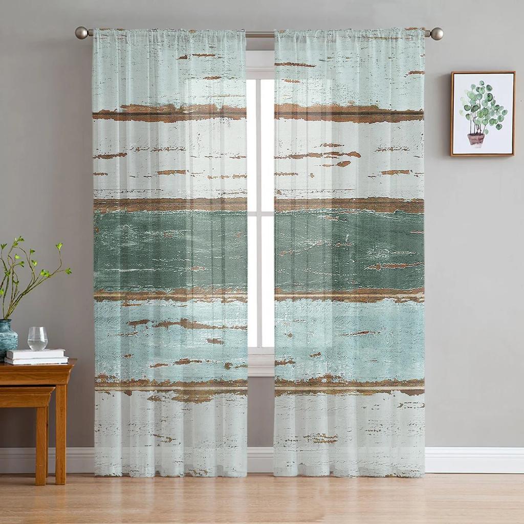 Vintage farma Imitace dřeva Zelená Ložnice Transparentní Průsvitné Záclony Sváteční dekorace Okno Voál Tyl Záclona