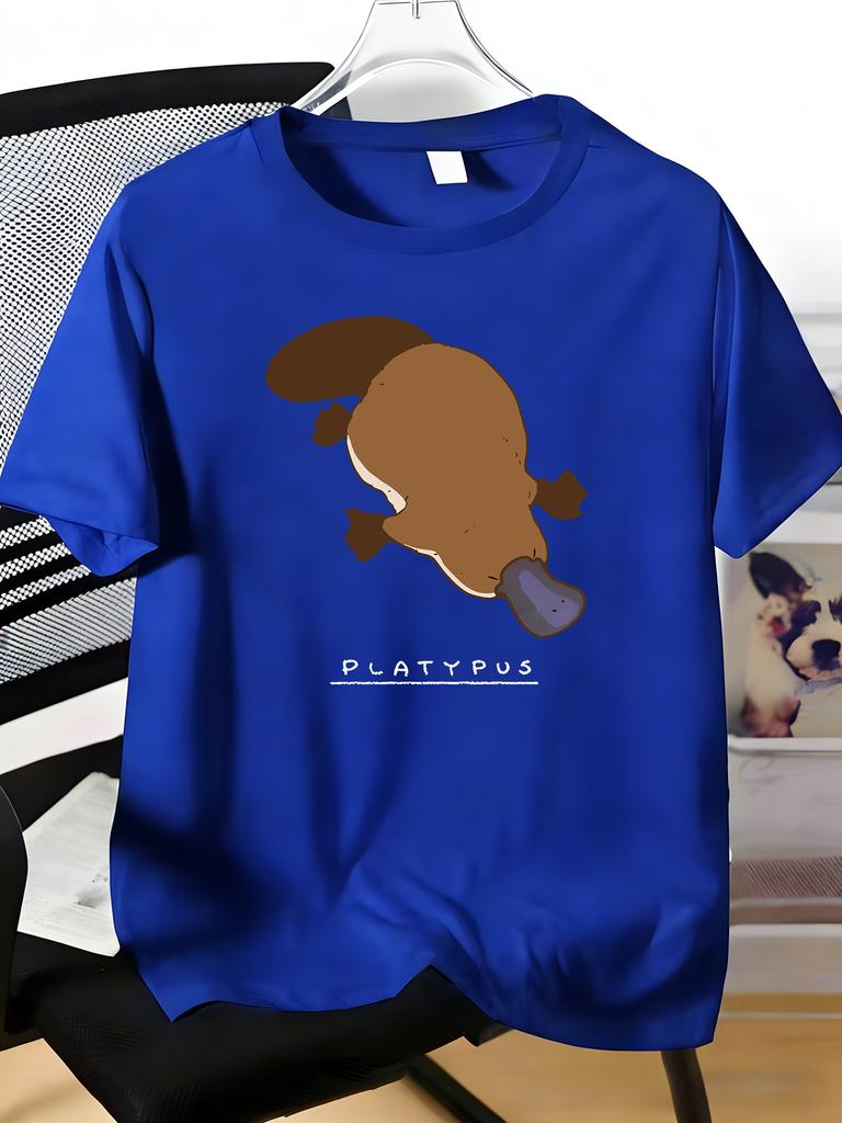 Unisexs Tee Cute Cartoon Platypus With Letter Text Print Cotton Short Sleeve Male Casual Streetwear Outdoor Daily Basic Fashion Top