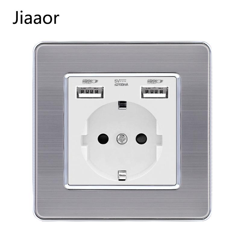 Padrão Europeu Tipo 86 Painel de Interruptor e Tomada de Parede Duplo em Aço Inoxidável com USB-C, Estilo Alemão, Montagem de Parede Embutida.