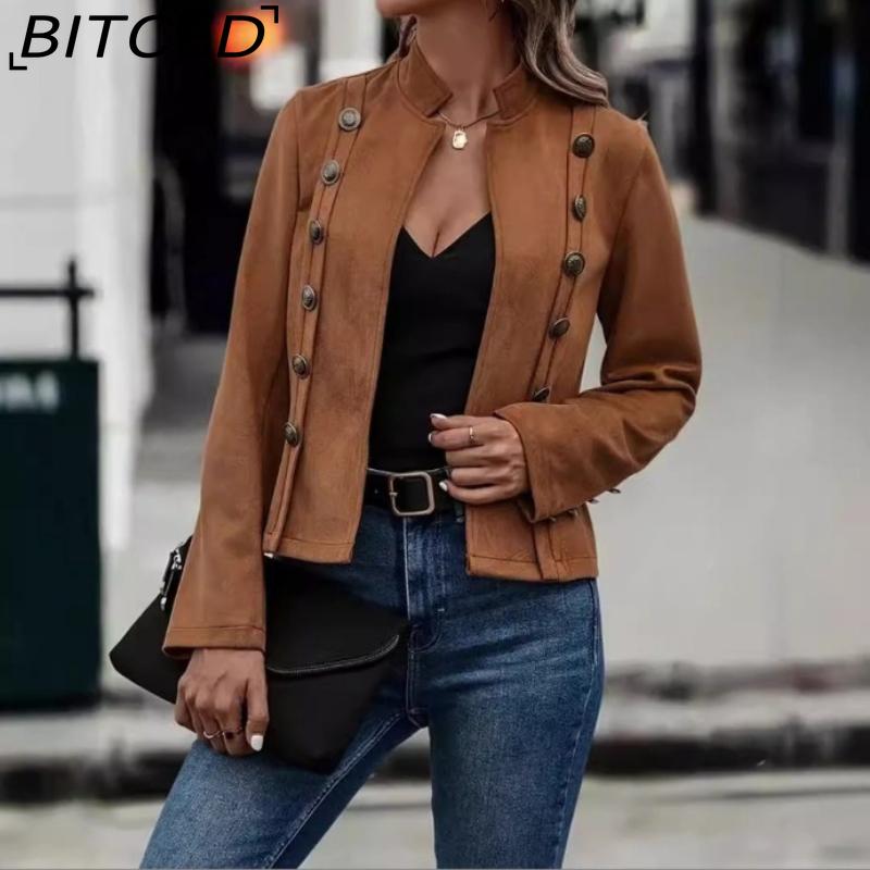 BITCED Women's Solid Color Double-Breasted Decorative Jacket In Deer Velvet Retro Long-Sleeve Coat