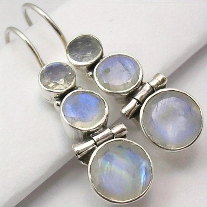 Exquisite Synthetic Moonlight Stone Silvery Plated Round Pendant Earrings for Women Wedding Banquet Jewelry Accessories