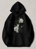 Black Pullover Hoodie with Vintage White Rose Floral Print Gothic Botanical Design Sweatshirt with Kangaroo Pocket Casual Streetwe