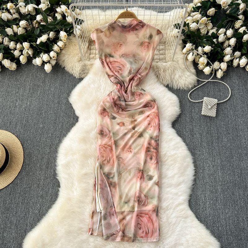 

High Cold Adult Lady like Woman 2024 New Arrival National Style Cheongsam Formal Dress Scheming Ruched Slim Fit Slit Printed Mesh Dress Tide Color S