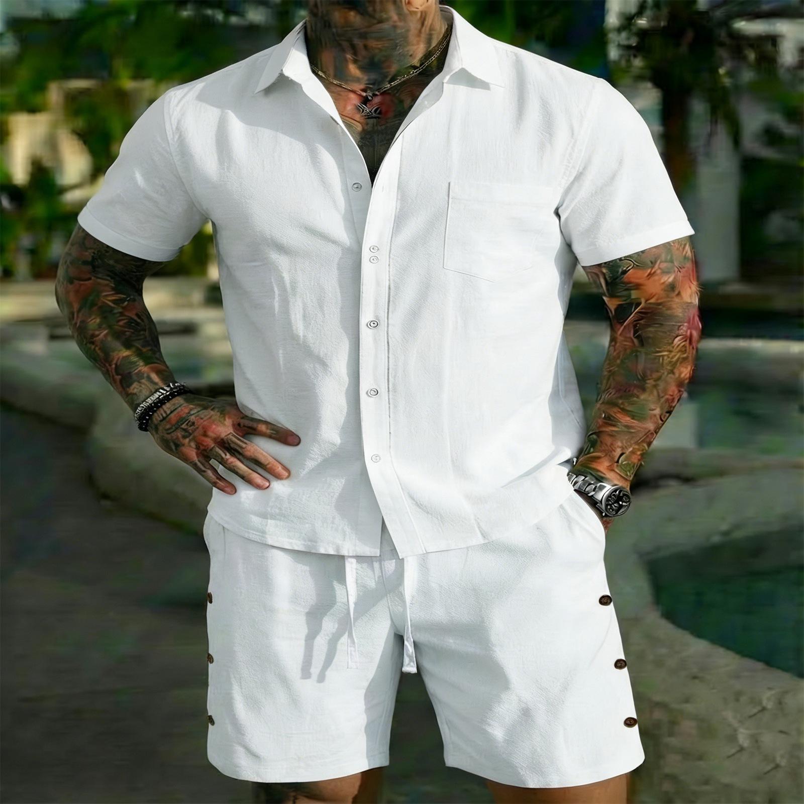 

Men Short Sleeve Button Down Shirt and Shorts Set Casual Lapel Collar Pocket Design Lightweight Outfit XL білий