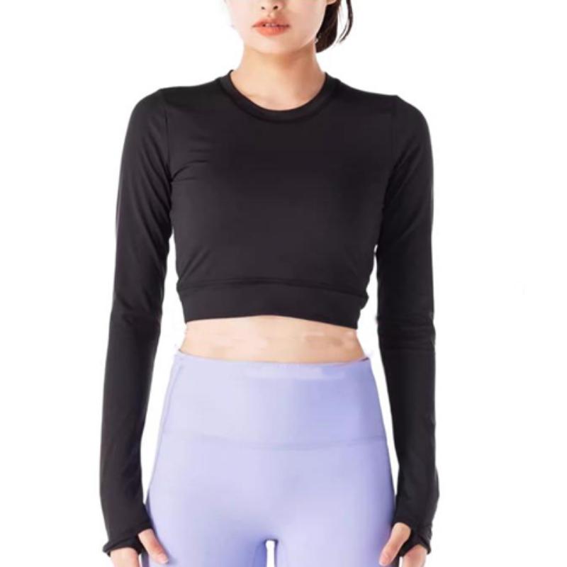 Decathlon Solid Colour Slim Back Open Back Long Sleeve Short Gym Suit Women's Classic Black