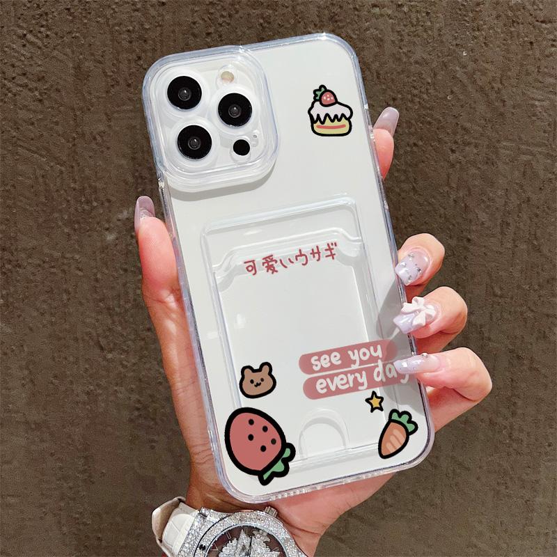 Card Slot Holder Silicone Wallet Pocket Case For Xiaomi Redmi Note 14 13 12 11 10 iPhone 17 16 14 13 Pro Samsung S23 S24 S25 Cover Clear Phone Bumper