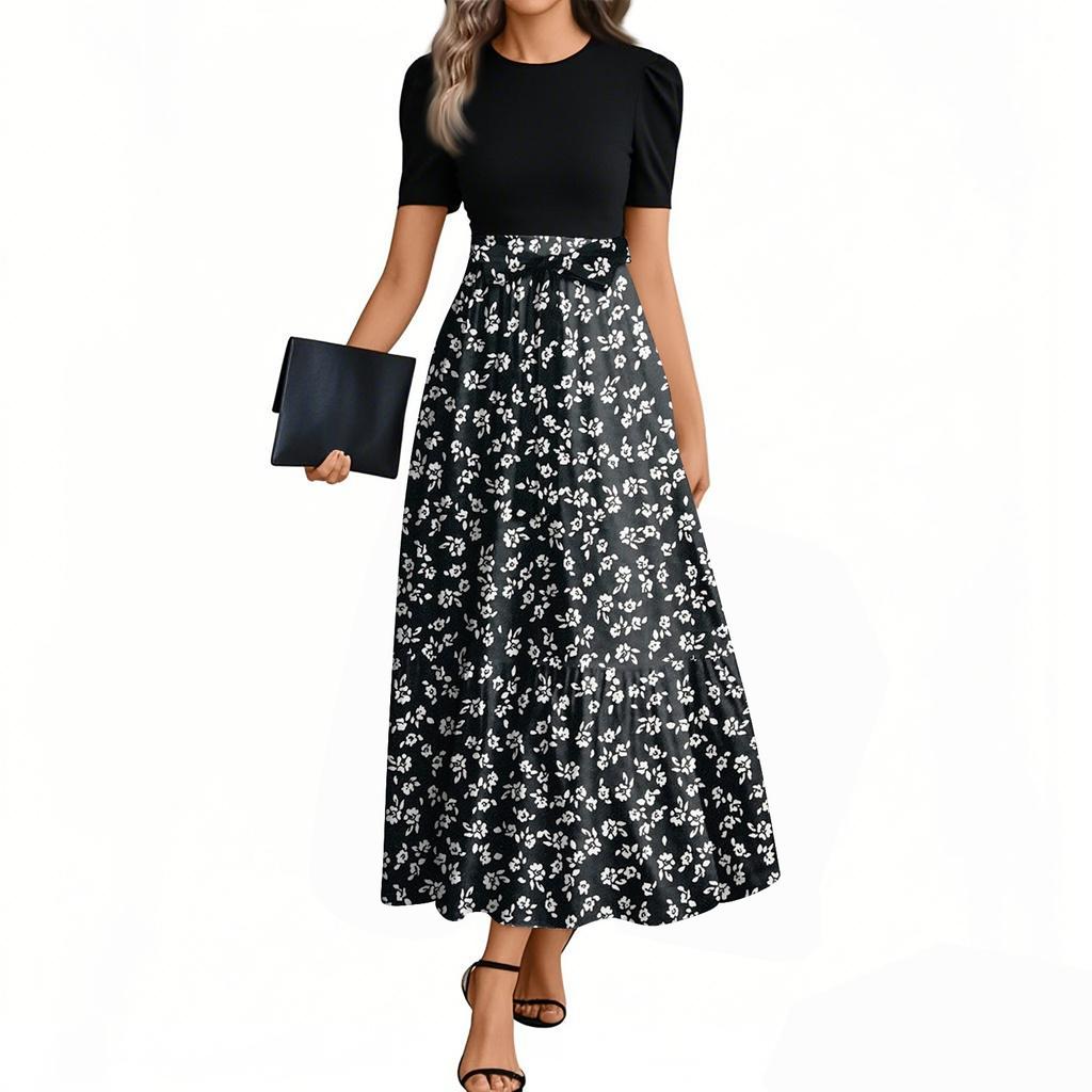 Damenmode Casual Gürtel Kurzarm Rundhals Blumennähte Elegantes Temperamentkleid