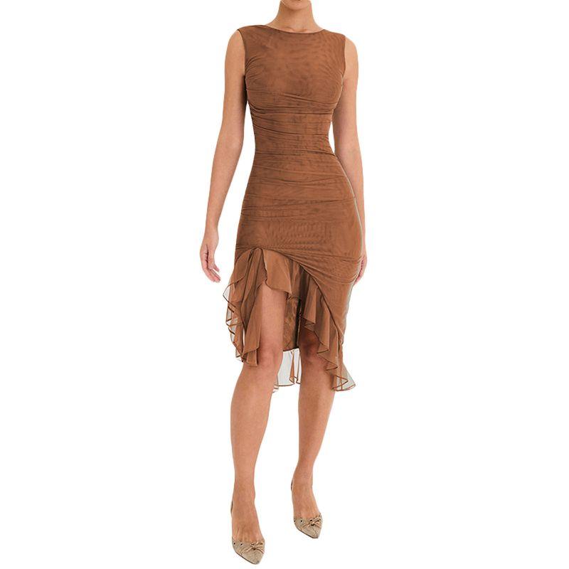 

Dress2023 Summer round Neck Sleeveless Dress Fashion Hot Sale Sexy Tight Open Back Ruched Midi Dress Brown L