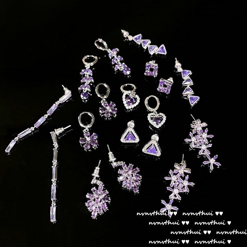 Lake Light And Water Shadow Purple Tanzanite Flower Earrings, Antique, 18K Gold Wheat Ear Plated Geometric Zircon Inlaid Earrings.