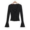 2023 Hot Girl Square Neck Metal Ring Hollow Long Sleeve Top - Sexy Clavicle Exposed Slim Fit Autumn Shirt with Flared Sleeves