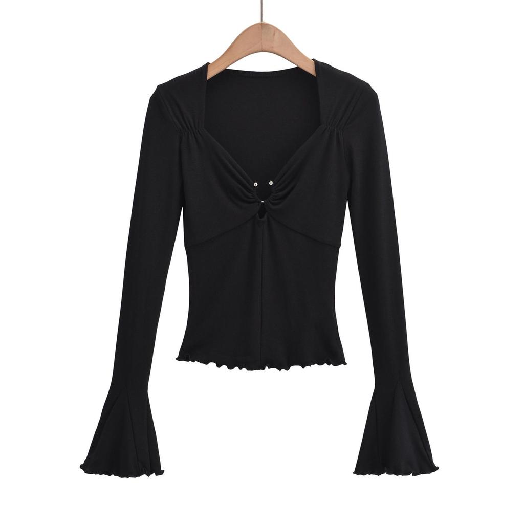 2023 Hot Girl Square Neck Metal Ring Hollow Long Sleeve Top - Sexy Clavicle Exposed Slim Fit Autumn Shirt with Flared Sleeves