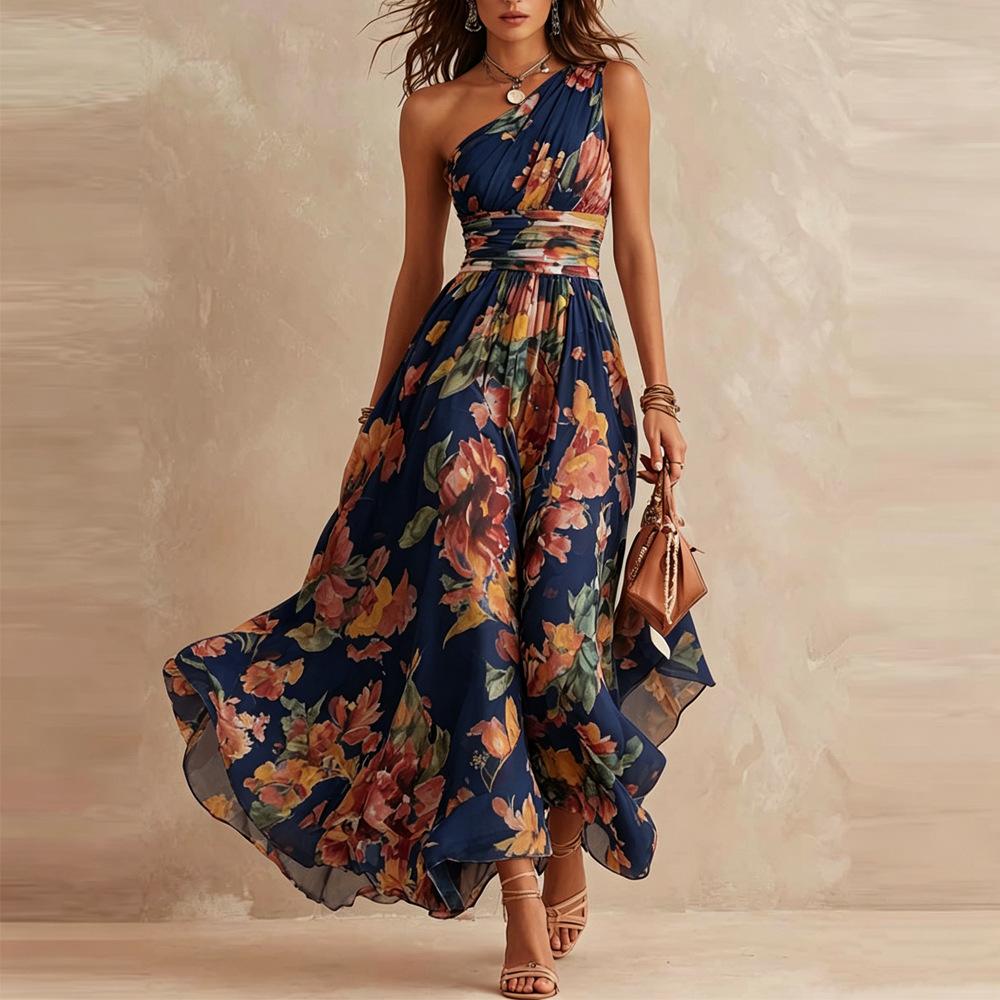 2026 Summer New European and American Cross-border Women's Clothing Digital Printing Temperament Elegant Slanted Shoulder Sleeveless Dress