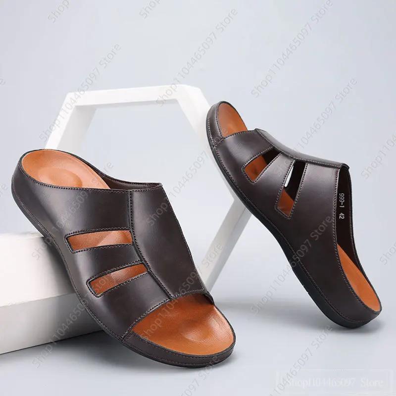 Fashion 2025 Men's plus size leather slippers with super strong elasticity, stylish, non slip and wear-resistant slippers