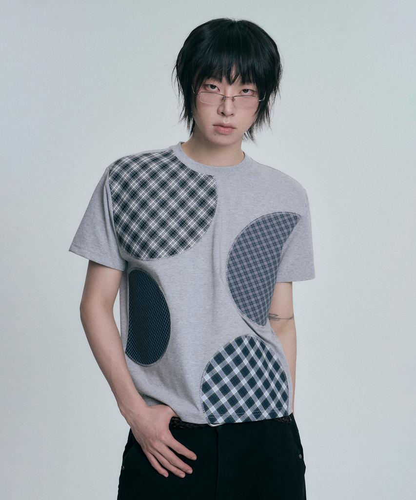 MOO Check Circle Patchwork Short Sleeve T-Shirt - Gray
