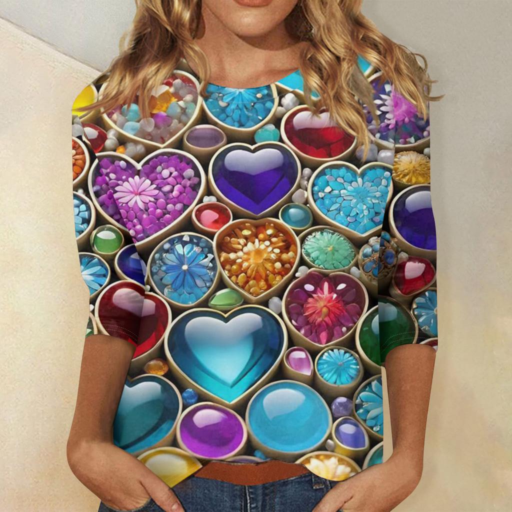 Damen Valentinstag Print Mode Lässig 3/4 Ärmel Rundhals Oberteil