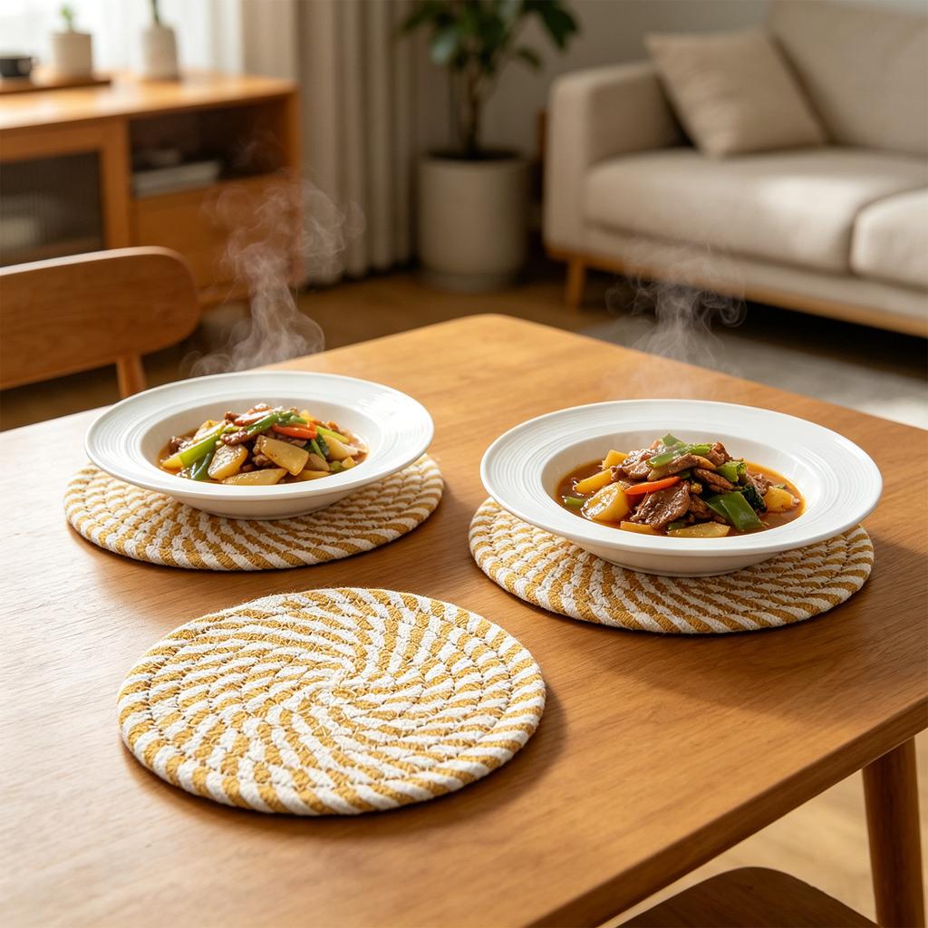 Set of 6 Round Woven Cotton Yarn Placemats with Non-Slip Heat Resistant Surface and Metal Storage Rack for Dining Table Protection