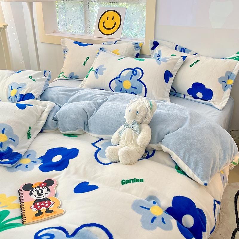 Four Piece Thick Coral Velvet Quilt Cover For Winter Milk Velvet Bed