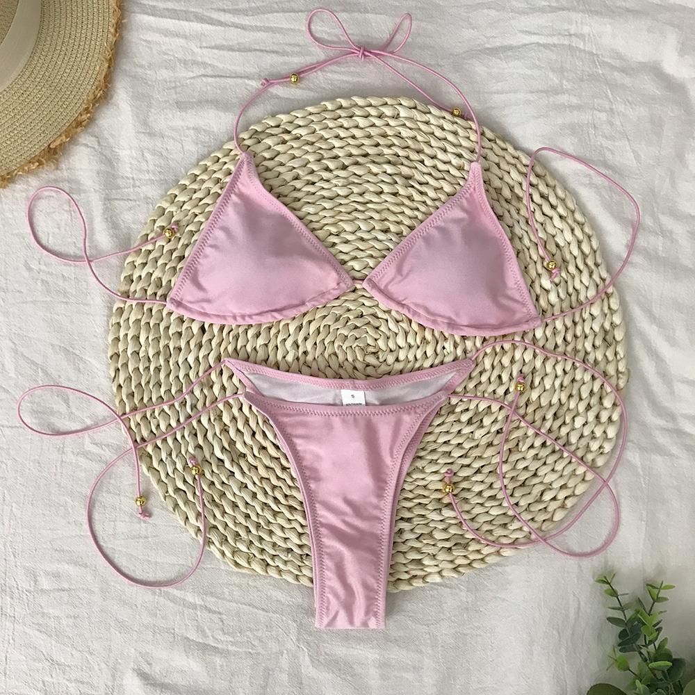 

Купальный костюм женский микро бикини сексуальный купальник женский однотонный мини-бикини комплект бразильский бикини купальные костюмы пляжная одежда S розовый