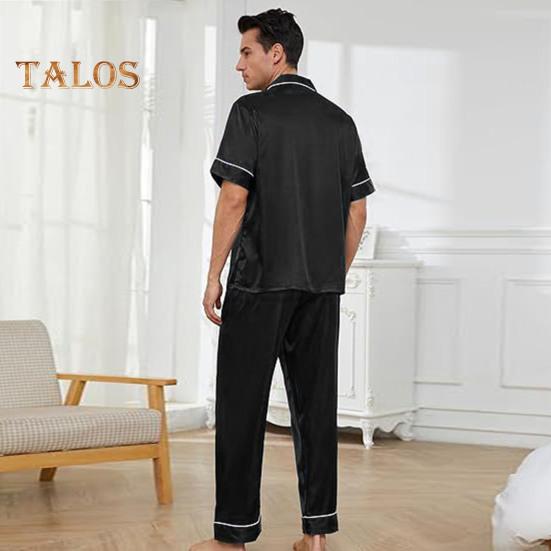 2-teiliges Pyjama-Set für Herren aus Seidensatin mit Reverskragen und Button-Down-Pyjamaoberteil mit Brusttasche, elastischer Bund und Hose, Nachtwäsche