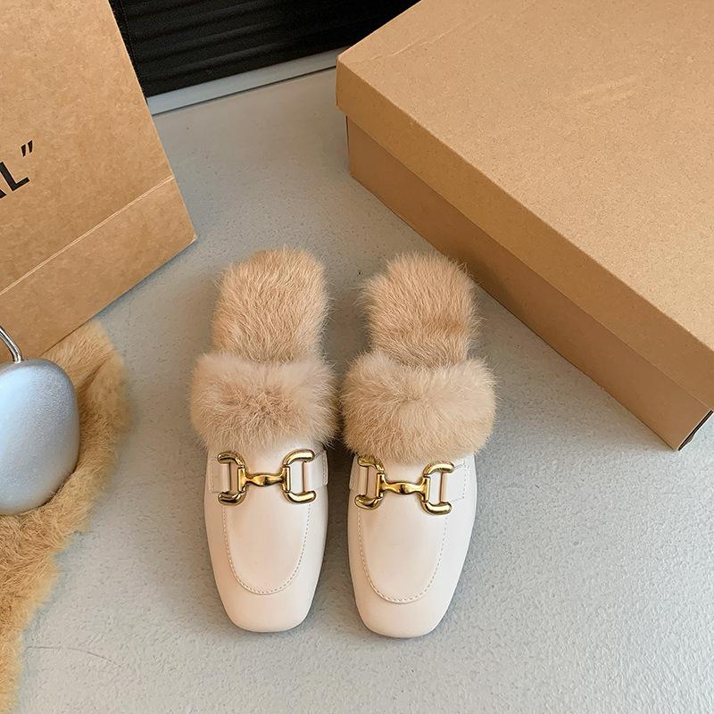 

Женские тапочки с острым носком, на плоской подошве, осенне-зимние, универсальные, темпераментные, черные, из норки, полусабо 40