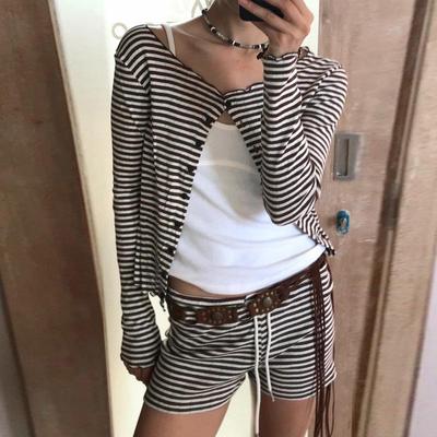 Korean Autumn Striped Two-Piece Set: Round Neck Button-Down Long Sleeve Top & Low Rise Shorts for Women