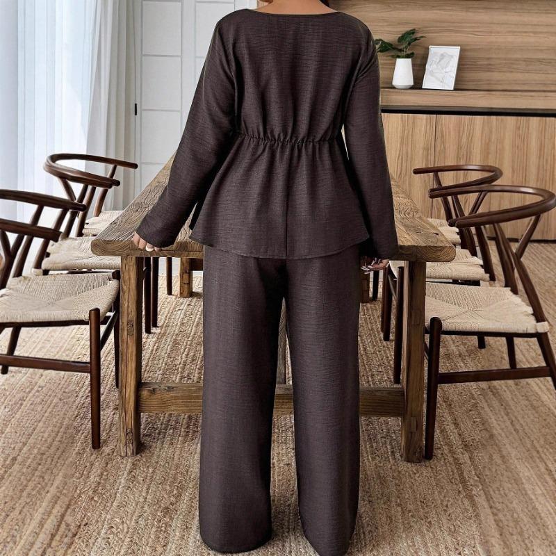 Square-neck Lotus Leaf Hem Long Pants, Plus-size Fashionable Long-sleeved Lotus Leaf Top, Wide-leg Long Pants Two-piece Set
