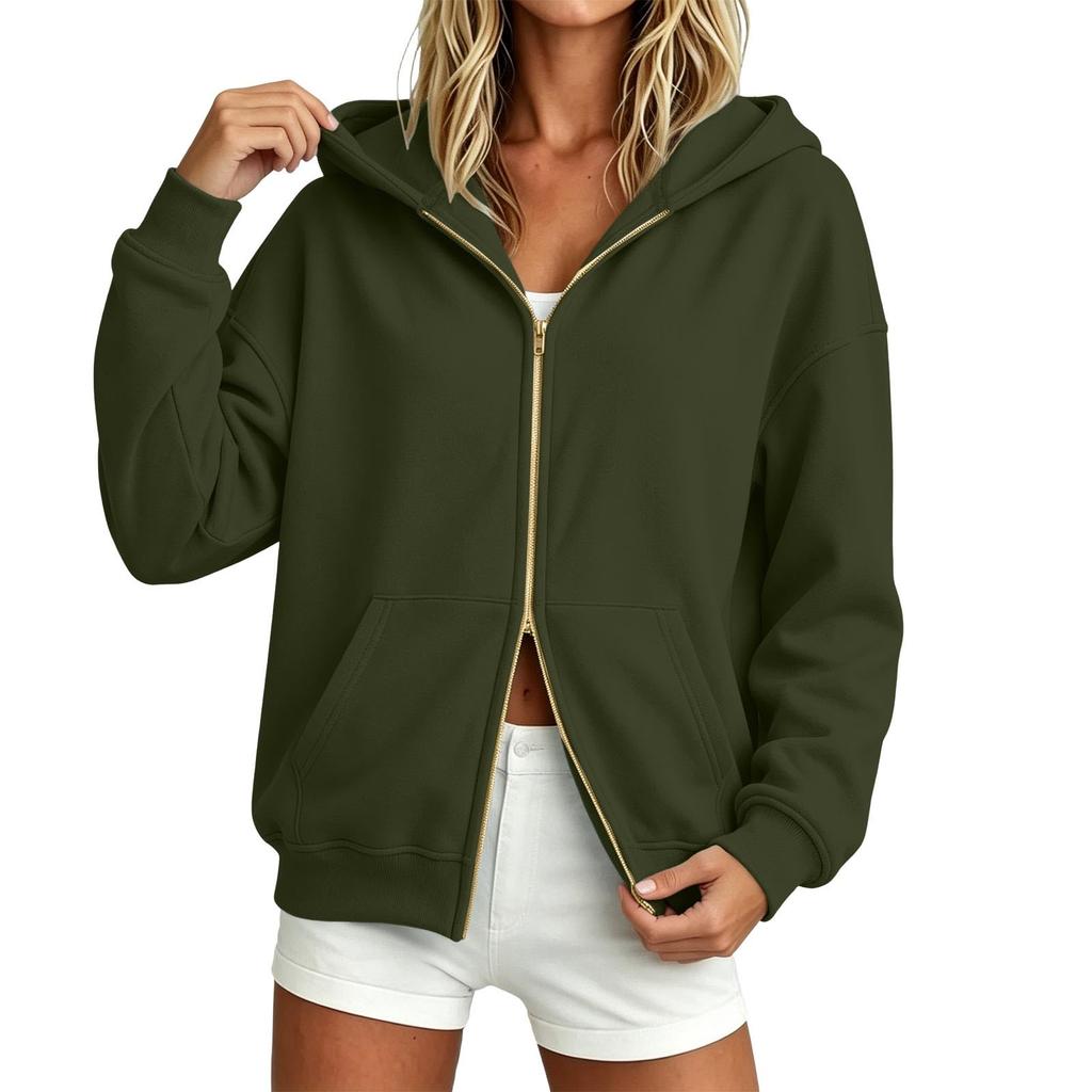 Women's Casual Hooded Zip-Up Sweatshirt Color Cardigan Jacket with Zippers