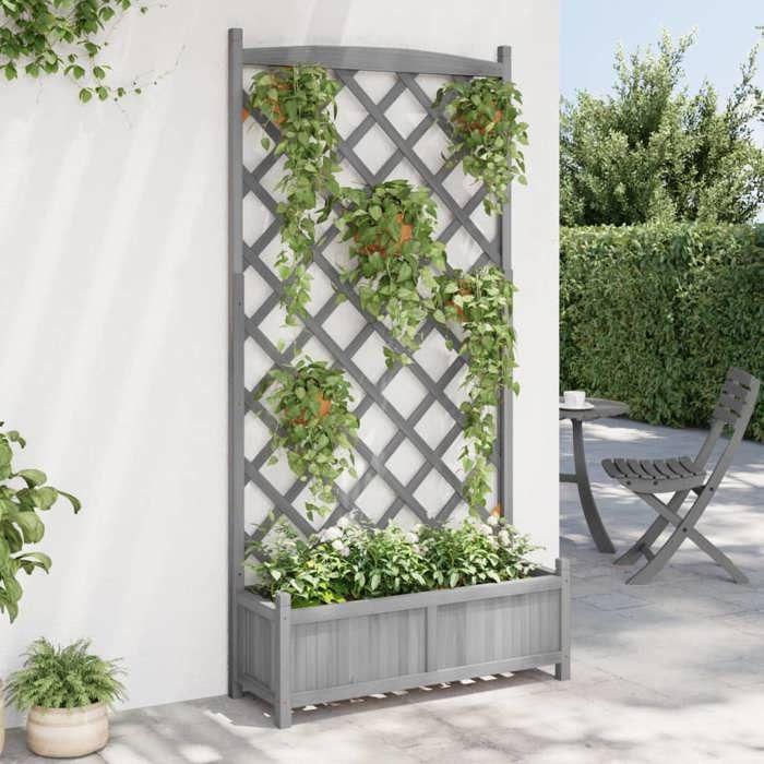 VidaXL Jardinière avec Treillis, Lit Surélevé, Bac à Fleurs, Pot de Plantes, Boîte à Fleurs Jardin Patio Terrasse, Gris Bois 365492