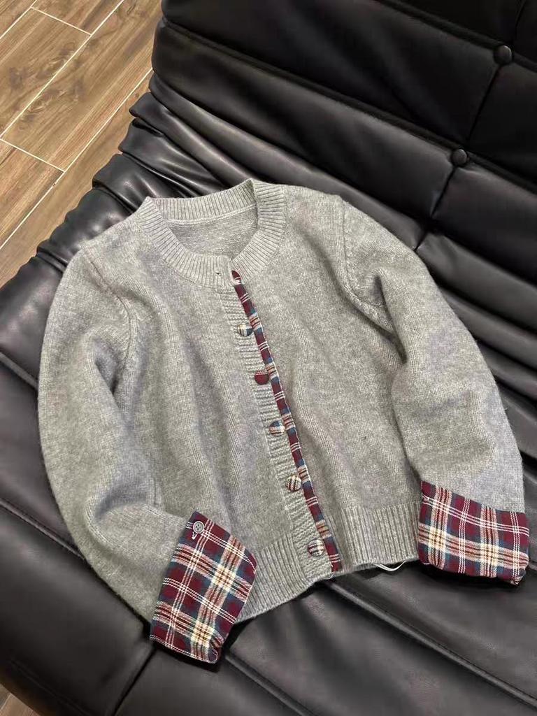 Women's Loose Knit Plaid Patchwork Cardigan - Korean Style, Round Neck, Fake Two-Piece, Spring/Summer 2025