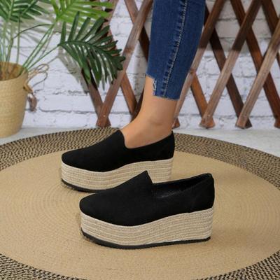 Scarpe da donna eleganti slip-on con zeppa grossa, cerniera posteriore, plateau, suola in iuta sintetica, traspiranti, nere, per tutte le stagioni, casual, eleganti