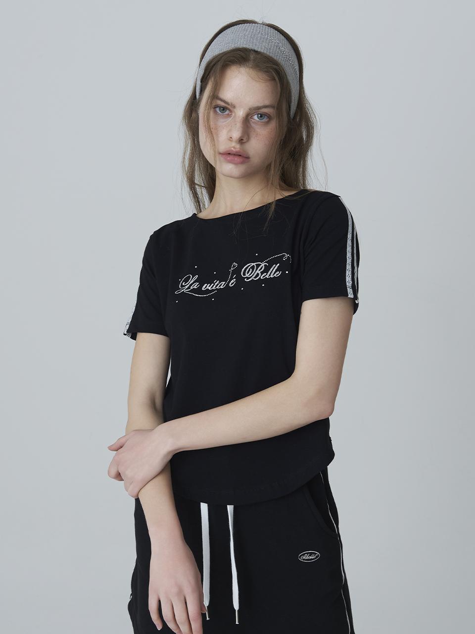 Adore Bell Lettering Cubic Boat Neck T-Shirt - Black Free