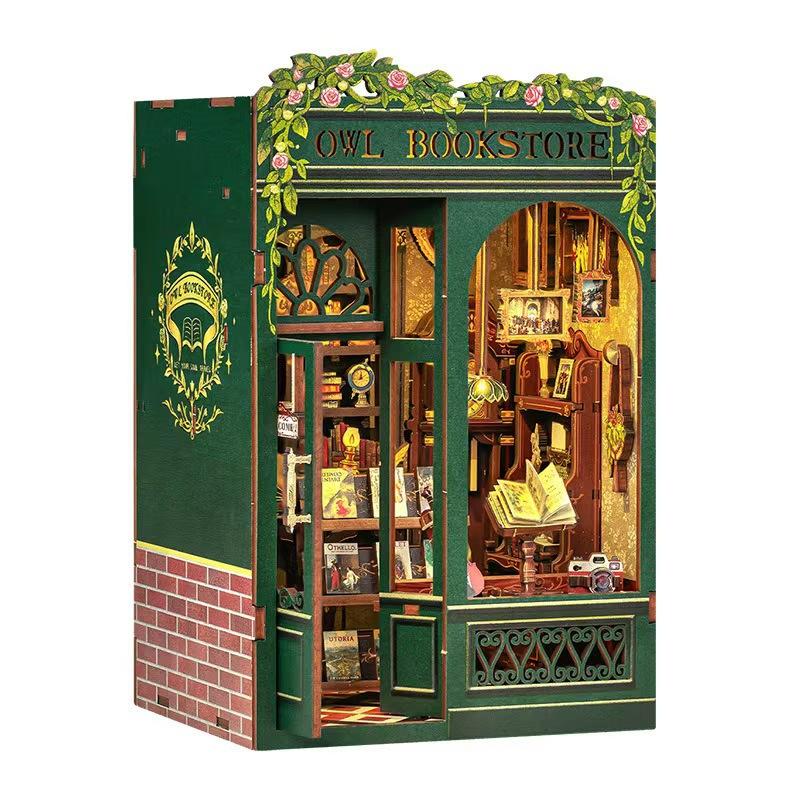DIY Book Nook Kit Miniature Wooden Dollhouse with Light Bookshelf Insert Decoration Model for Gifts Bookshop Memories