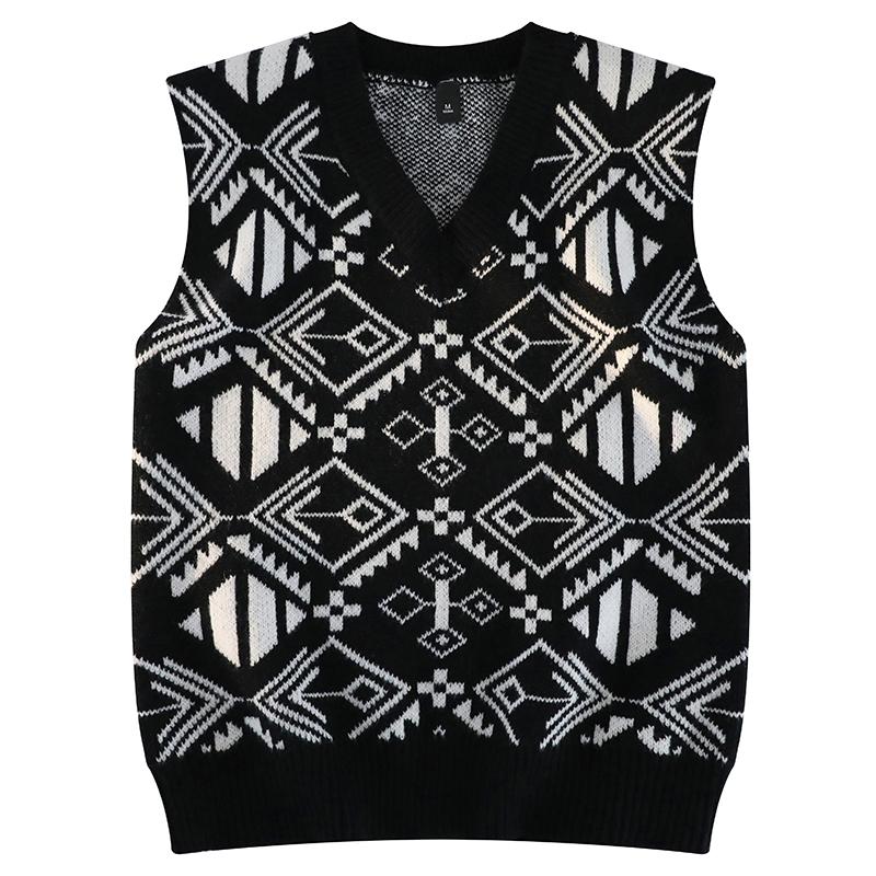 

Fashion College Style Sweater Vest Men s V-neck Japanese Retro Knitted Sweater Daily Sleeveless Simple Jacquard Design M&Pack of 1 чорний