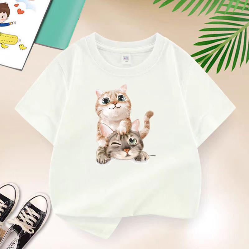 Cat Playing T-shirt for Girls Cotton Kids T Shirt Kawaii Children Casual Clothes Teen Baby Girl Casual
