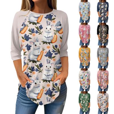 Women's Fashion Casual Going Out Tops Printed Raglan Sleeve 3/4 Sleeve Pullover Round Neck Tops