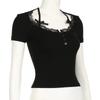 Halter Neck Lace Trim Bow Cute Black Y2K T-Shirt Women Button Up Slim Short Sleeve White Tees Sweet Balletcore Clothing