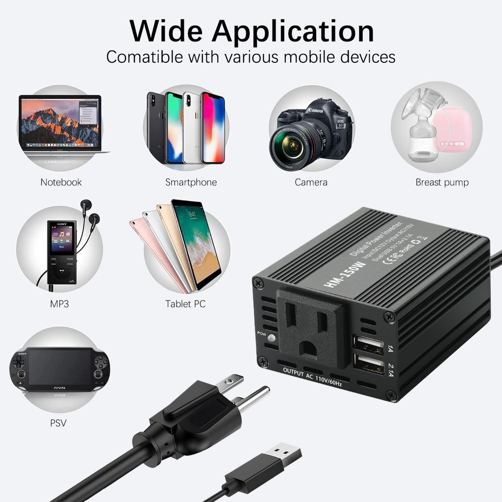 150W Car Inverter DC 12V to AC 110V US Version Auto Power Inverter USB 1A  2.1A Fast Charging Charger For Car Power Adapter