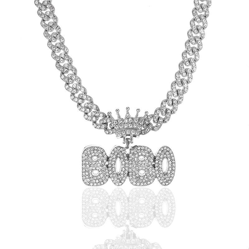 European & American Full Diamond Letter BOBO Pendant with Cuban Chain Necklace - Exaggerated Hip Hop Style Accessories for Couples