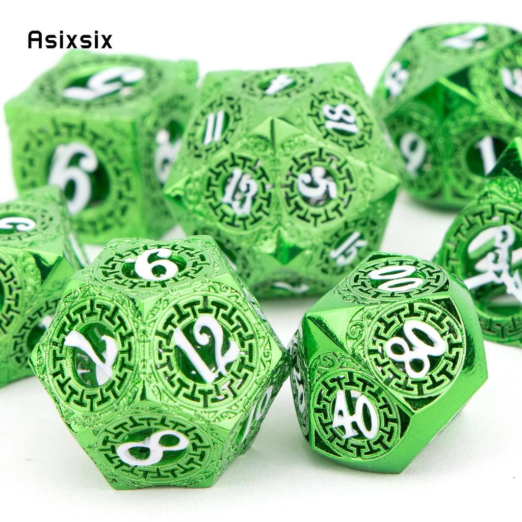 7 Pcs Green White Gear Wheel Metal Dice Hollow Metal Polyhedral Dice Set Suitable for Role-Playing RPG  Board Game Card Game