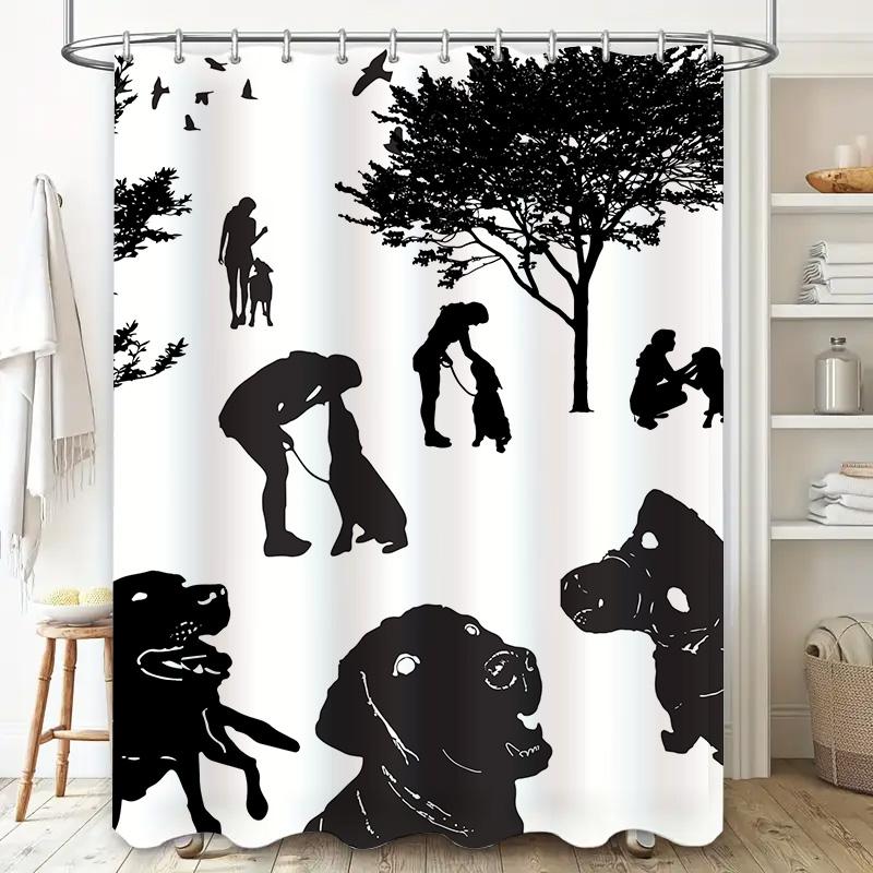 Black Silhouette Dogs Shower Curtain Pet Lovers Decor, Waterproof Bathroom Accessories, Home Decoration Size Customizable For Do