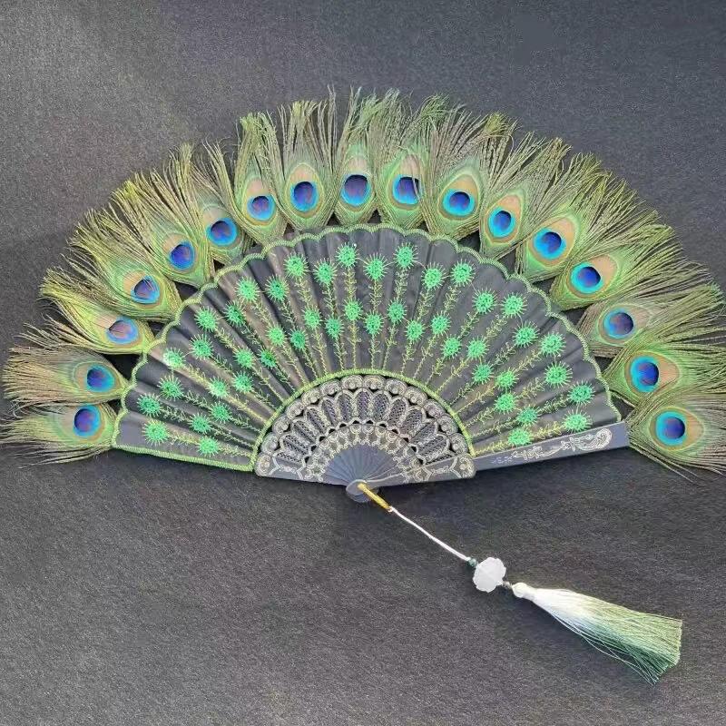1PC Folding Fan Colorful Peacock Feather Home Decoration Embroidery Sequin High Quality Dance Hand Fans