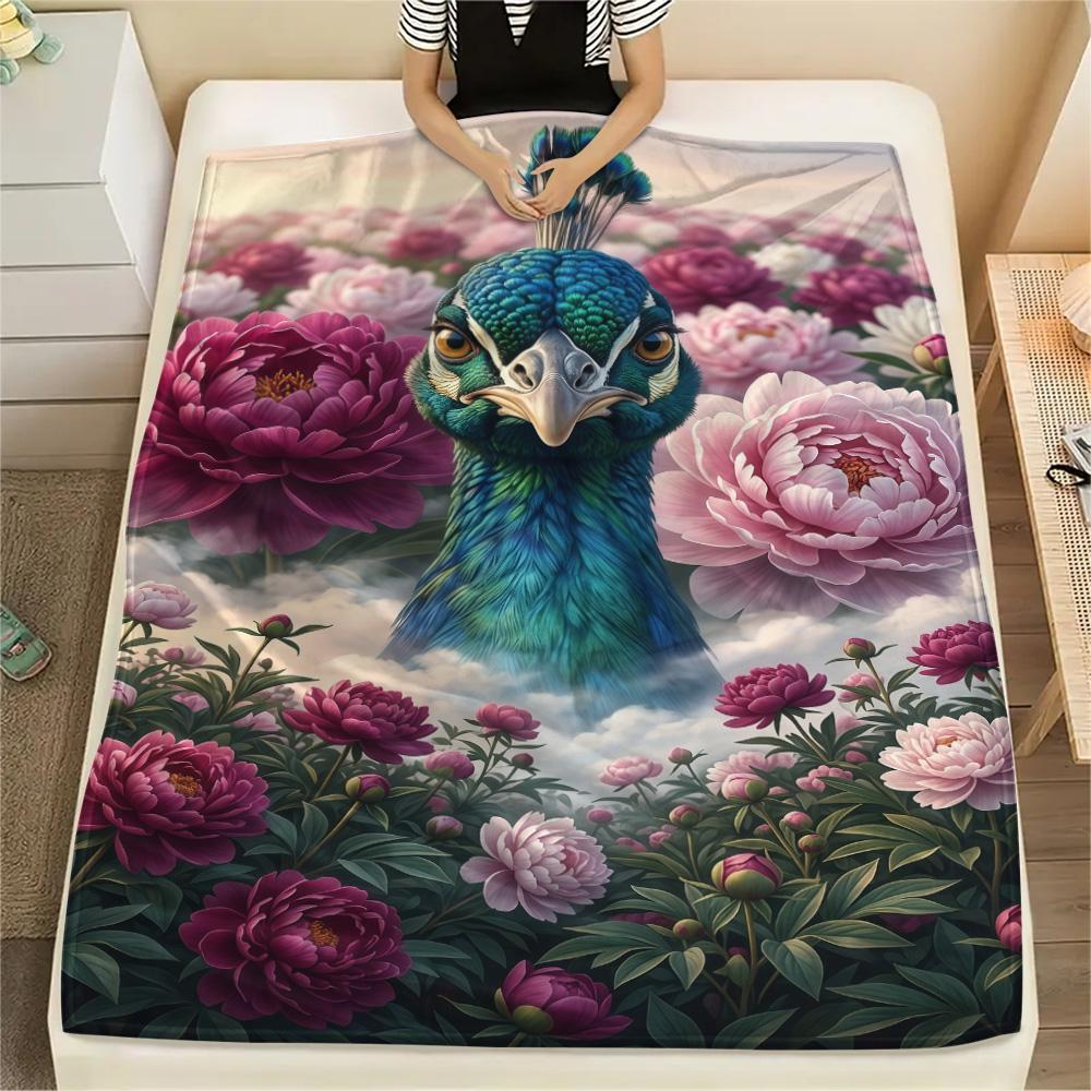 1PC Peacock and Peony Print FlAannel Blanket, High quality Comfortable for All Seasons, Home Decor, Warmth and Comfort