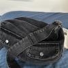 Borsa Hobo in Denim Lavato Vintage con Doppie Tasche Frontali a Pattina Borsa a Spalla Casual Morbida per Donne Quotidiana